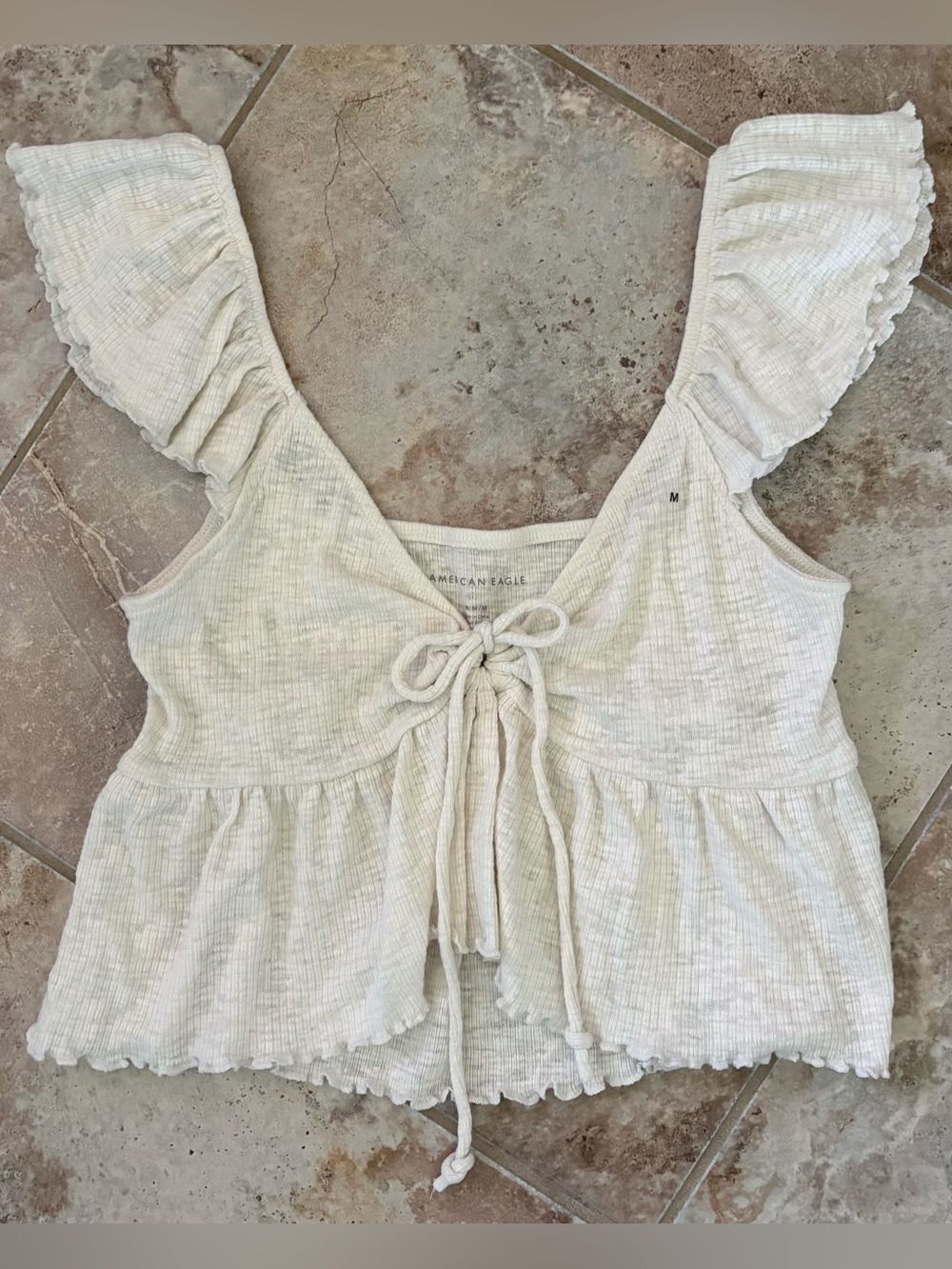 American Eagle Ribbed Babydoll Flutter Sleeve M Crop Top NWT Cream Boho Chic Tie